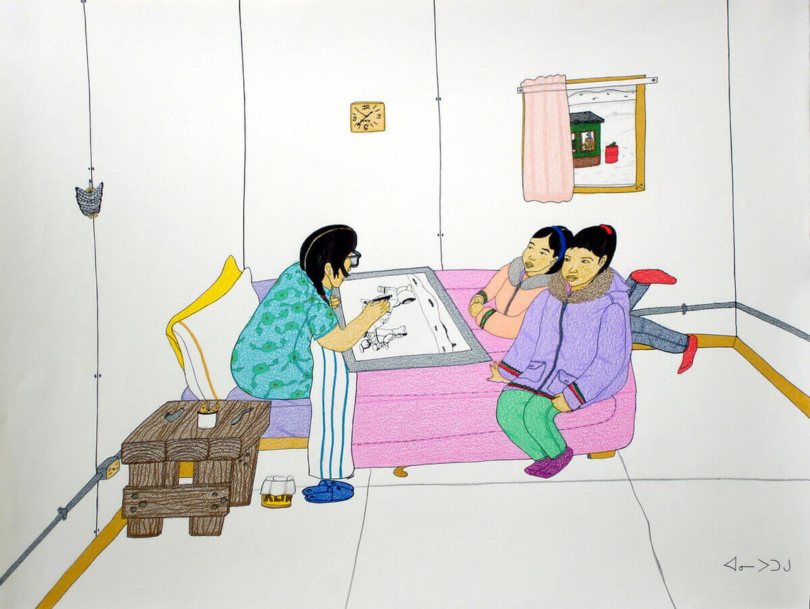 Art Canada Institute, Annie Pootoogook, Pitseolak Drawing with Two Girls on the Bed, 2006