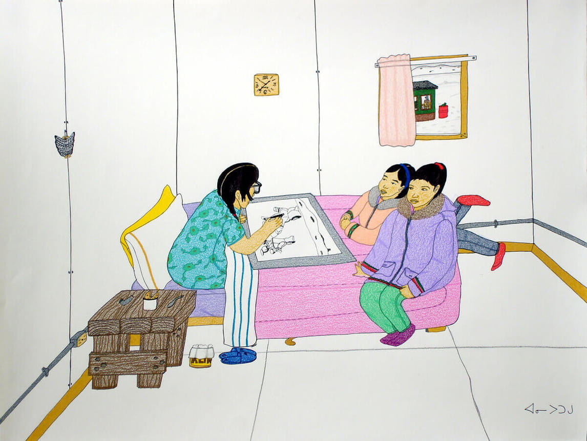 Art Canada Institute, Annie Pootoogook, Pitseolak Drawing with Two Girls on the Bed, 2006