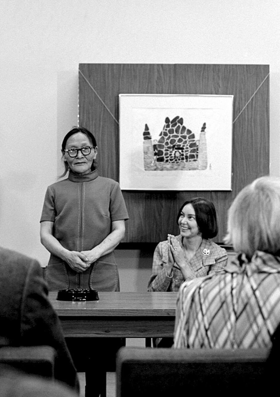 Art Canada Institute, Pitseolak and Dorothy Harley Eber at the presentation of Pictures Out of My Life at the National Library of Canada, Ottawa, 1971