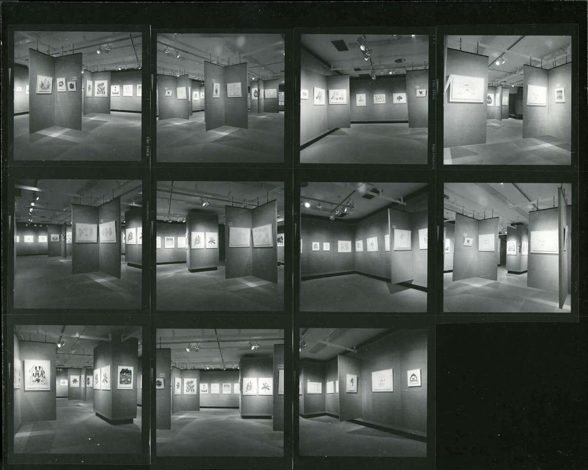 Art Canada Institute, Contact sheet of installation views of the exhibition Pitseolak at Simon Fraser Gallery, Vancouver, 1976