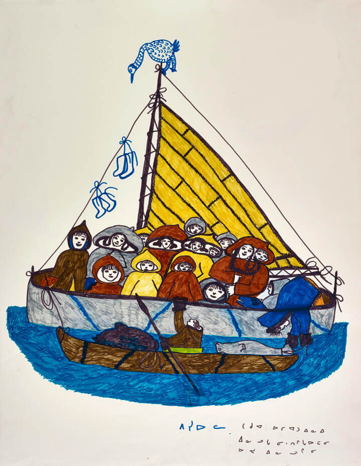 Art Canada Institute, Pitseolak Ashoona, drawing for print Eskimos on Sealskin Boat, c. 1966–72