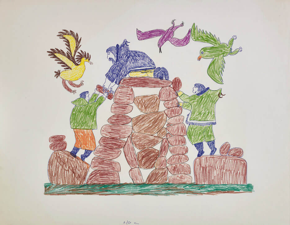 Art Canada Institute, Pitseolak Ashoona, drawing for print Innukshuk Builders, c. 1966–68