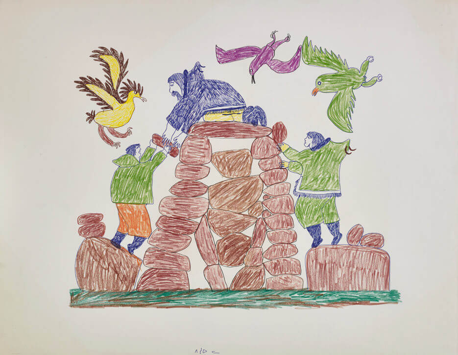 Art Canada Institute, Pitseolak Ashoona, drawing for print Innukshuk Builders, c. 1966–68