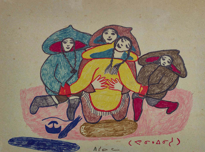 Pitseolak Ashoona, dessin à l’origine de la gravure sur pierre Souvenirs d’accouchement, 1976