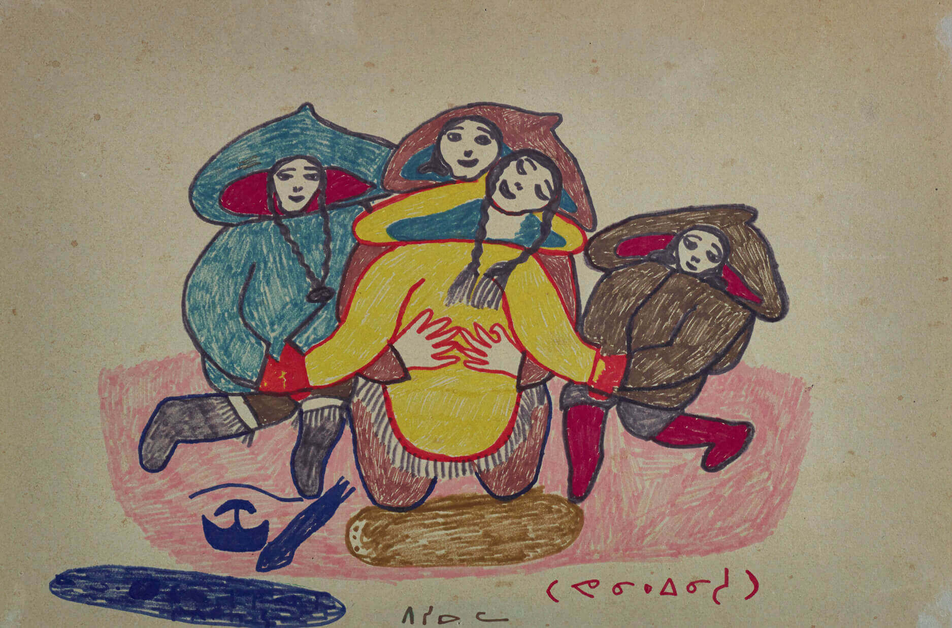 Pitseolak Ashoona, dessin à l’origine de la gravure sur pierre Souvenirs d’accouchement, 1976