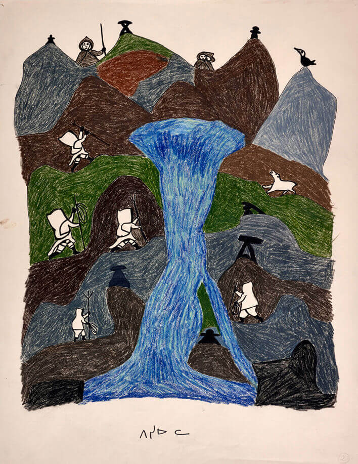 Art Canada Institute, Pitseolak Ashoona, drawing for print The River at Netsilik, c. 1966–76