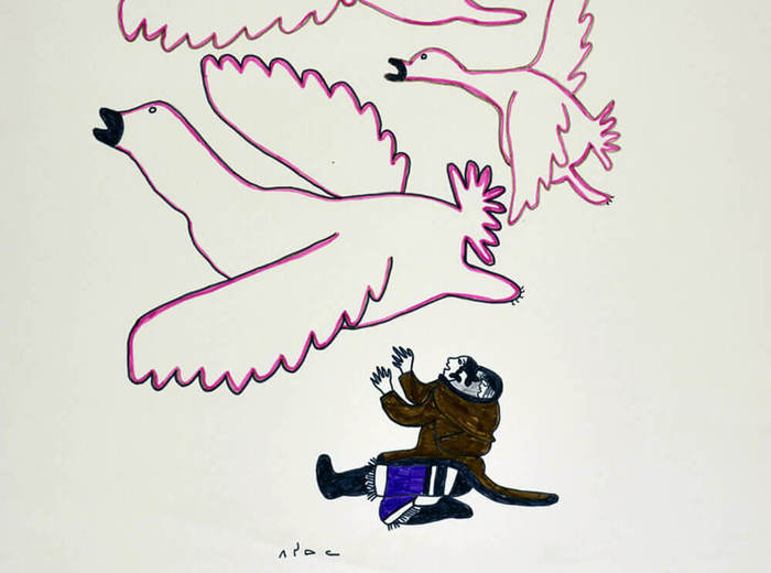 Pitseolak Ashoona, Untitled (Birds Flying Overhead), c. 1966–67