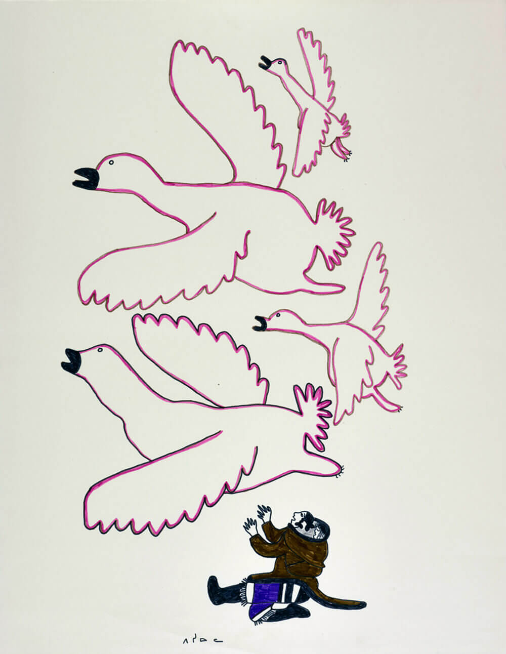 Pitseolak Ashoona, Untitled (Birds Flying Overhead), c. 1966–67
