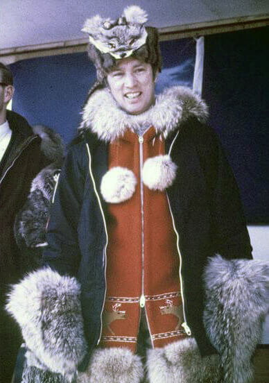 Art Canada Institute, Prime Minister Pierre Trudeau wears a fur hat and parka at the 1970 Arctic Winter Games in Yellowknife