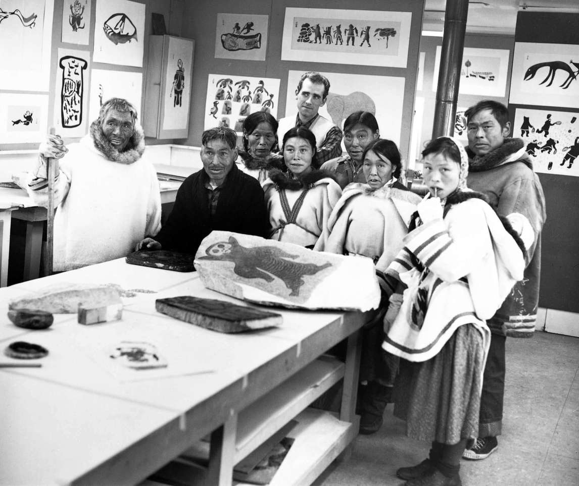 Art Canada Institute, Inuit artists and Terrence Ryan at the print studio in Cape Dorset, 1961