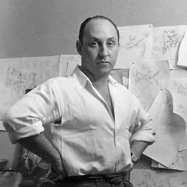 <p>Portrait d’Oscar Cahén dans son studio en 1951. Photographie de Page Toles.</p>
<p> </p>
<p>Bandeau: Oscar Cahén, <em>Subjective image </em>(<em>Image subjective</em>), v.1954, huile sur toile marouflée sur masonite, 121,9 x 106,7 cm, collection de Jim et Melinda Harrison.</p>
