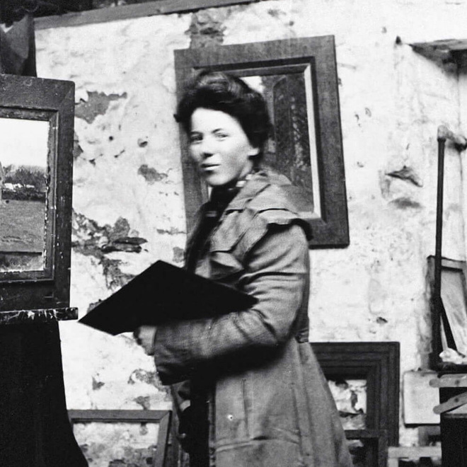 <p>Photograph of Helen McNicoll in her studio at St. Ives, c.1906, photographer unknown, Helen McNicoll artist file, The Robert McLaughlin Gallery, Oshawa.</p>
<p> </p>
<p>Banner: Helen McNicoll, <em>Landscape with Cows</em>, c.1907, oil on canvas, 90.5 x 71.1 cm, Art Gallery of Ontario, Toronto. </p>
