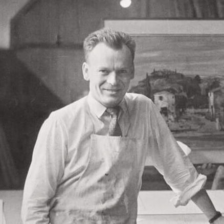 <p>William Kurelek avec un tableau dans l’atelier d’encadrement Isaacs, date inconnue.</p>
<p> </p>
<p>Bandeau : William Kurelek, <em>We Find All Kinds of Excuses</em> (<em>Nous trouvons toutes sortes d’excuses</em>), 1964, huile et graphite sur panneau dur tempéré, 121,2 x 182,2 cm, Musée des beaux-arts de l’Ontario, Toronto.</p>
