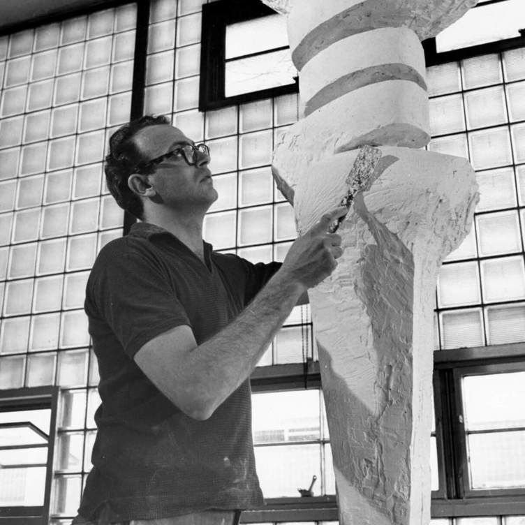 <p>Sorel Etrog working on a plaster cast of <em>Embrace</em>, 1961–64, early 1960s, photograph by Paul Smith, Edward P. Taylor Library and Archives, Art Gallery of Ontario, Toronto.</p>
<p> </p>
<p>Banner: Sorel Etrog and Samuel Beckett signing <em>Imagination Dead Imagine</em>, 1982, in Beckett’s Paris studio, photograph by Michael Nguyen.</p>
