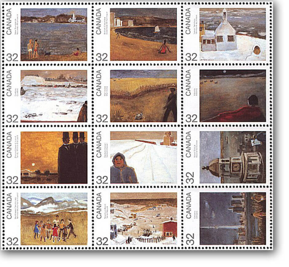 Art Canada Institute, photograph of a sheet of twelve stamps featuring paintings by Jean Paul Lemieux, released Canada Day, 1984