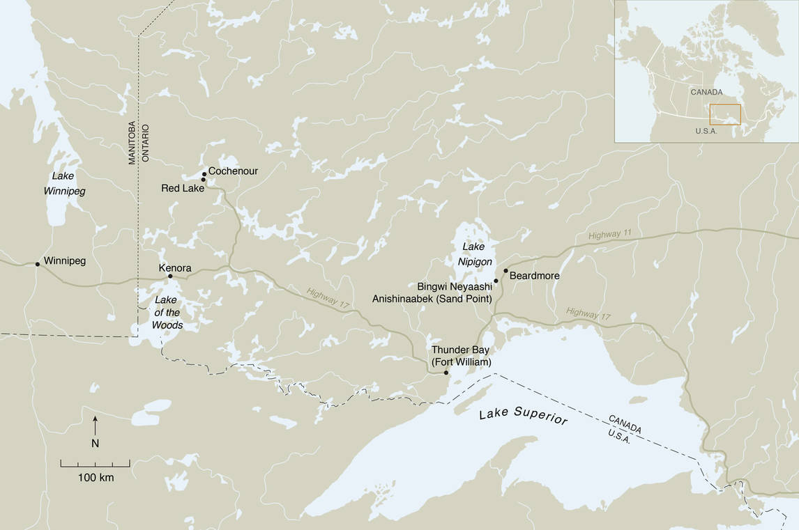 Art Institute Canada, map of Northern Ontario showing the communities where Norval Morrisseau lived