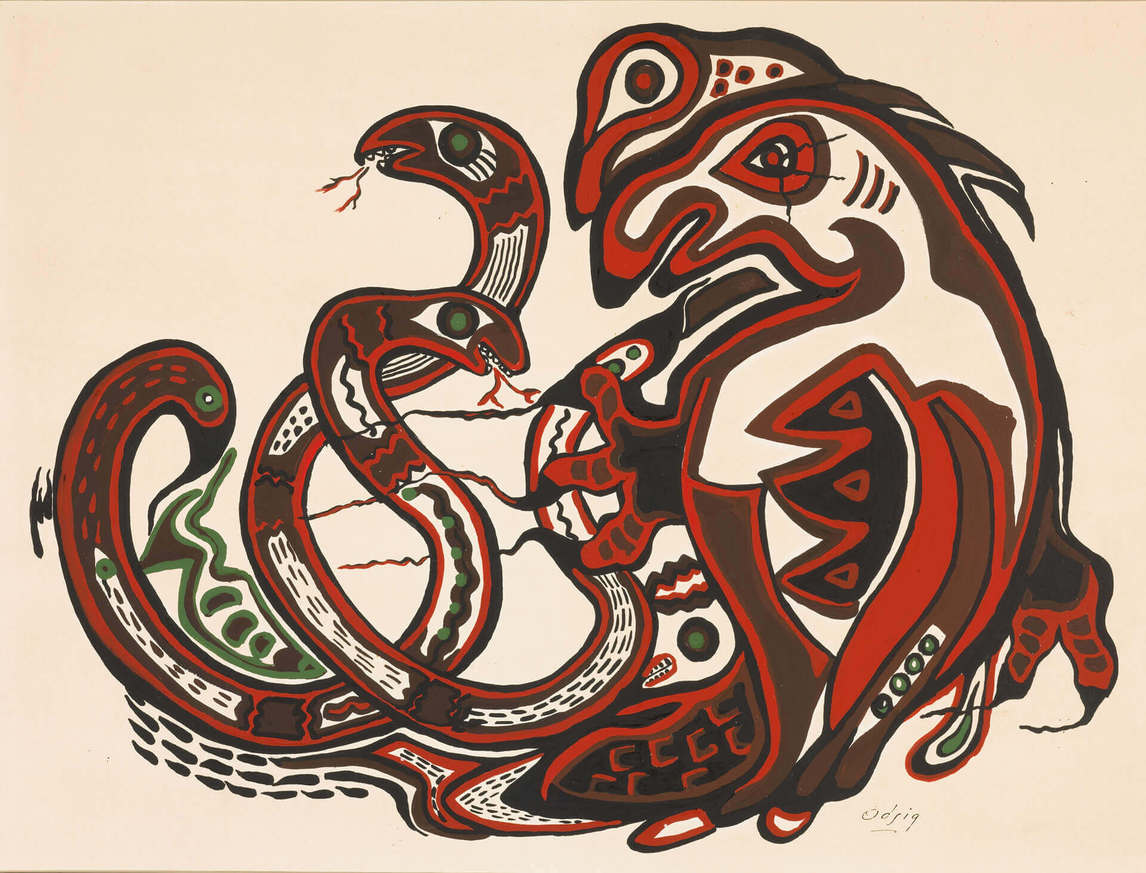 Art Canada Institute, Norval Morrisseau, Conflict of Good and Evil, 1966, by Daphne Odjig