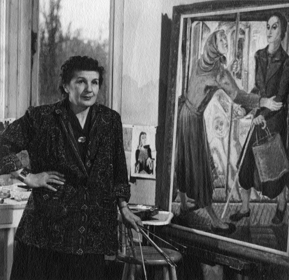 Art Canada Institute, Paraskeva Clark in her studio with her painting of a blind woman receiving help on a Toronto streetcar, c. 1949
