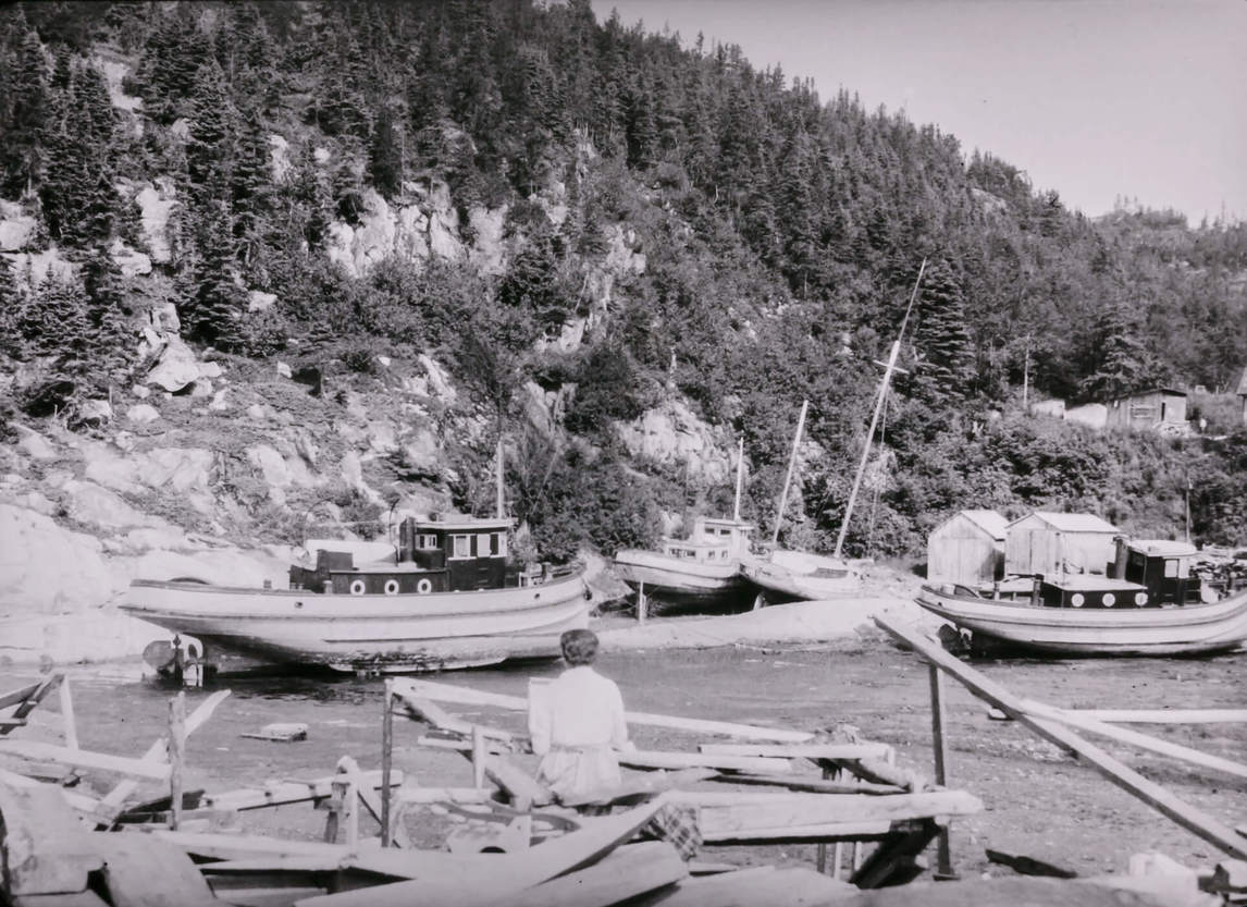 Art Canada Institute, Paraskeva Clark painting Sketch for Tadoussac, Boats in Dry Dock, 1944.