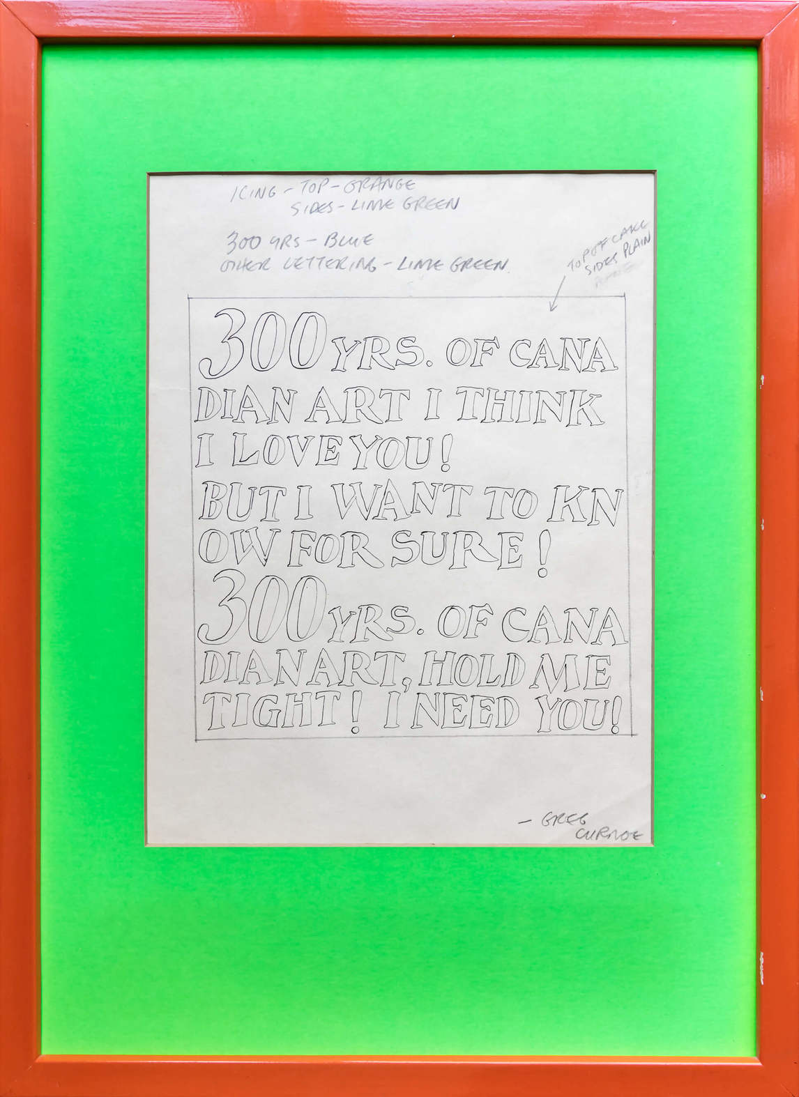 Art Canada Institute, Greg Curnoe, Design for Curnoe’s centennial cake with text based on “Wild Thing” by The Troggs, c. 1967