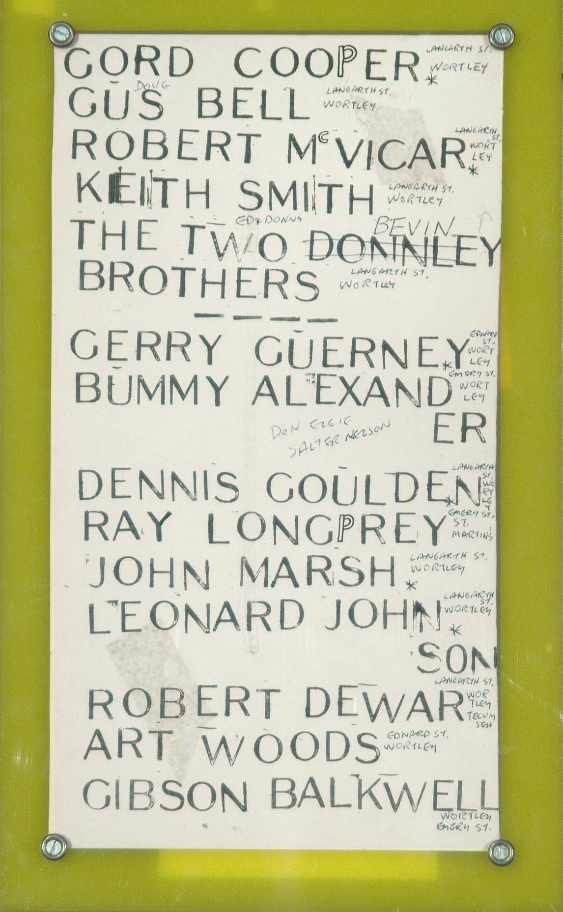 Art Canada Institute, Greg Curnoe, List of Names from Wortley Road School (Liste de noms de l’école Wortley Road), 1962