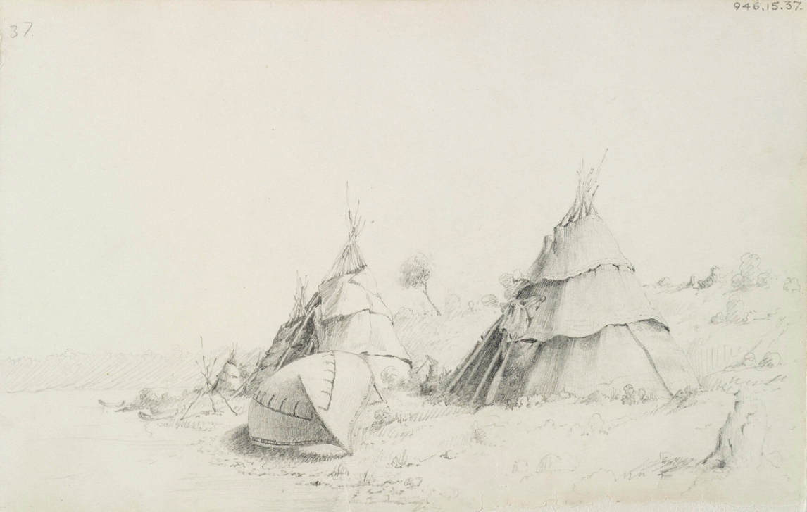 Art Canada Institute, Paul Kane, Encampment with Conical Shaped Lodges and Canoe, mid-July 1845