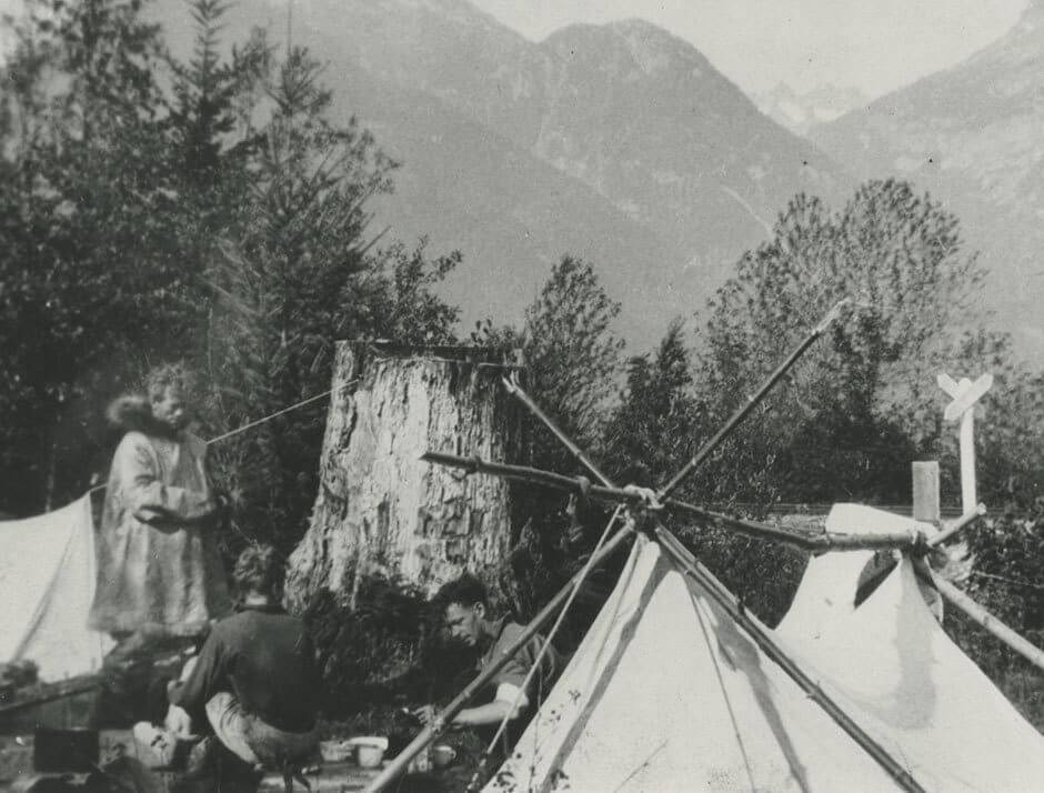 Art Canada Institute, Jock Macdonald, Fred Varley, John Varley, and Jock Macdonald camping by Pacific Gas and Electric Company railroad tracks near Cheakamus Canyon, B.C., 1929