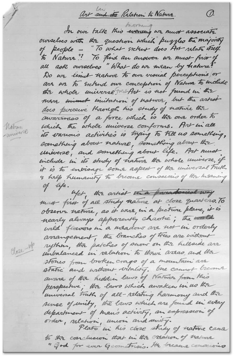 Art Canada Institute, Jock Macdonald, First page of the notes for a lecture, 'Art in Relation to Nature', first delivered by Jock Macdonald in February 1940