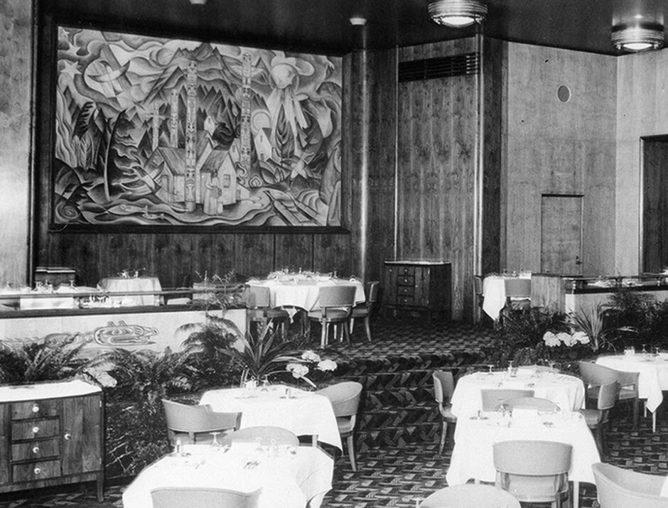 Art Canada Institute, Jock Macdonald, Hotel Vancouver dining room, showing mural by Jock MacDonald, c. 1939