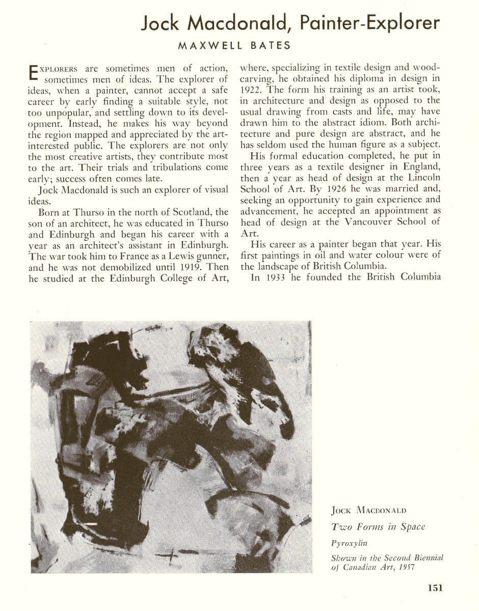 Art Canada Institute, Jock Macdonald, Jock Macdonald: Painter-Explorer, an article by Maxwell Bates in Canadian Art, Summer 1957