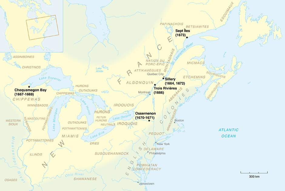 Art Canada Institute, Louis Nicolas, Map of New France and First Nations territories showing the range of Louis Nicolas’s missions