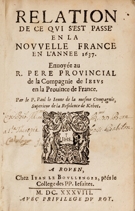 Art Canada Institute, Louis Nicolas, Title page from Paul Le Jeune, Relation of What Happened in New France in 1637 (Relation de ce qui s’est passé en la Nouvelle France en l’année 1637)