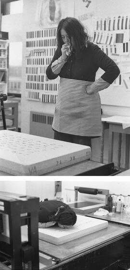 Art Canada Institute, photograph of Joyce Wieland working on O Canada in 1970