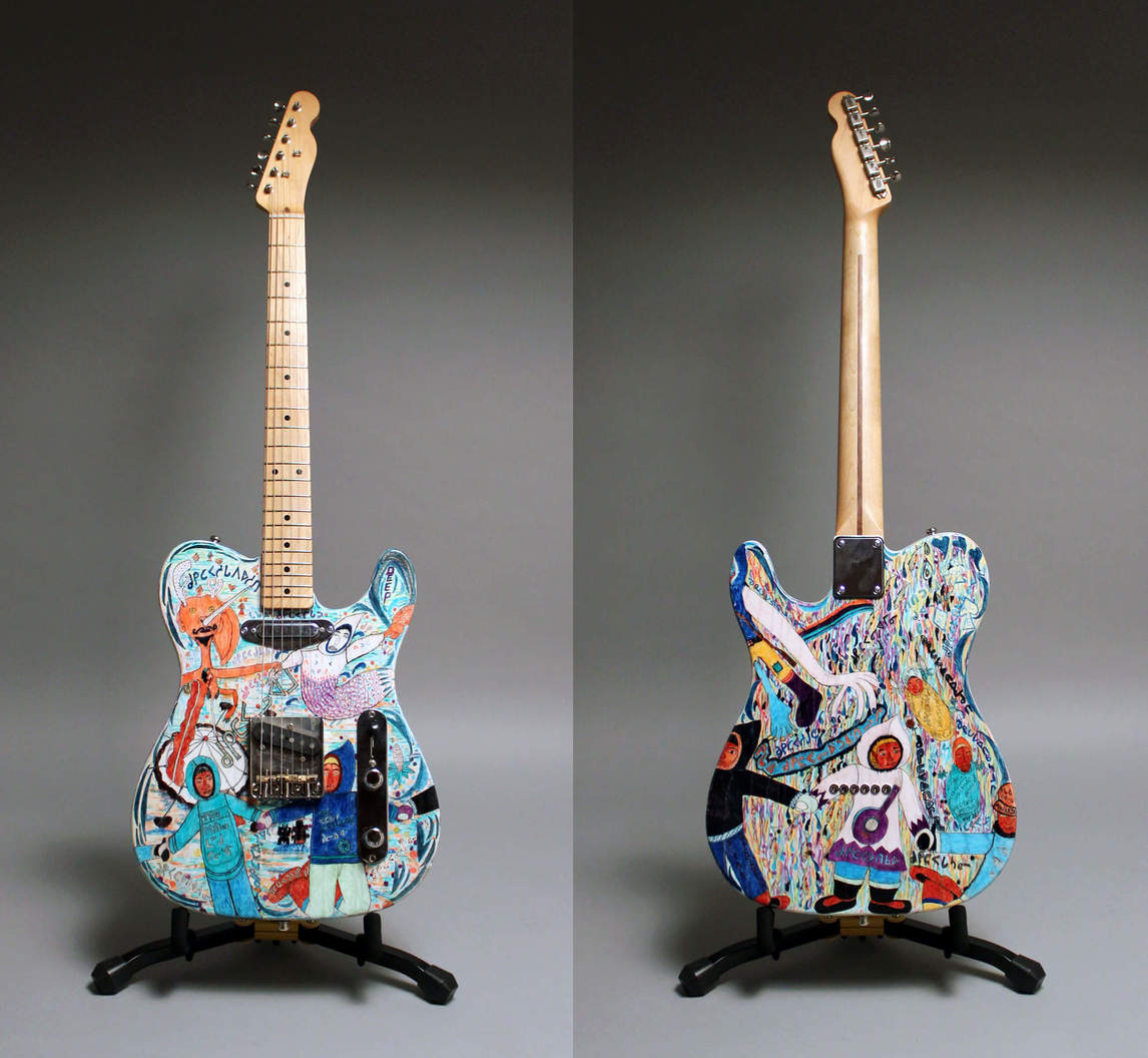 Art Canada Institute, Brad van der Zanden, photograph of Kevin Hearn’s guitar with Shuvinai Ashoona's drawings, 2016