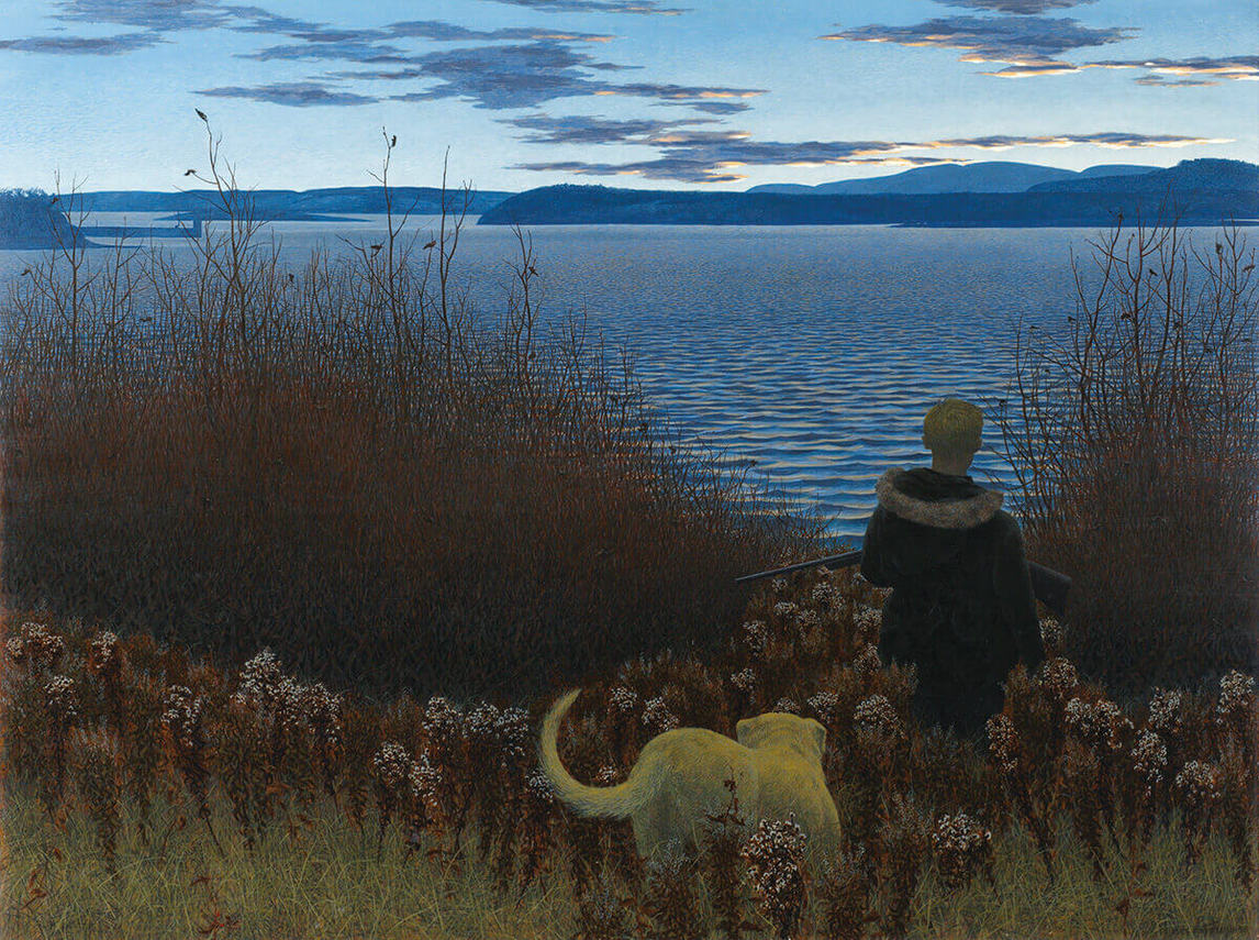 Art Canada Institute, Alex Colville, Dog, Boy, and St. John River (Chien, garçon et Rivière Saint-Jean), 1958