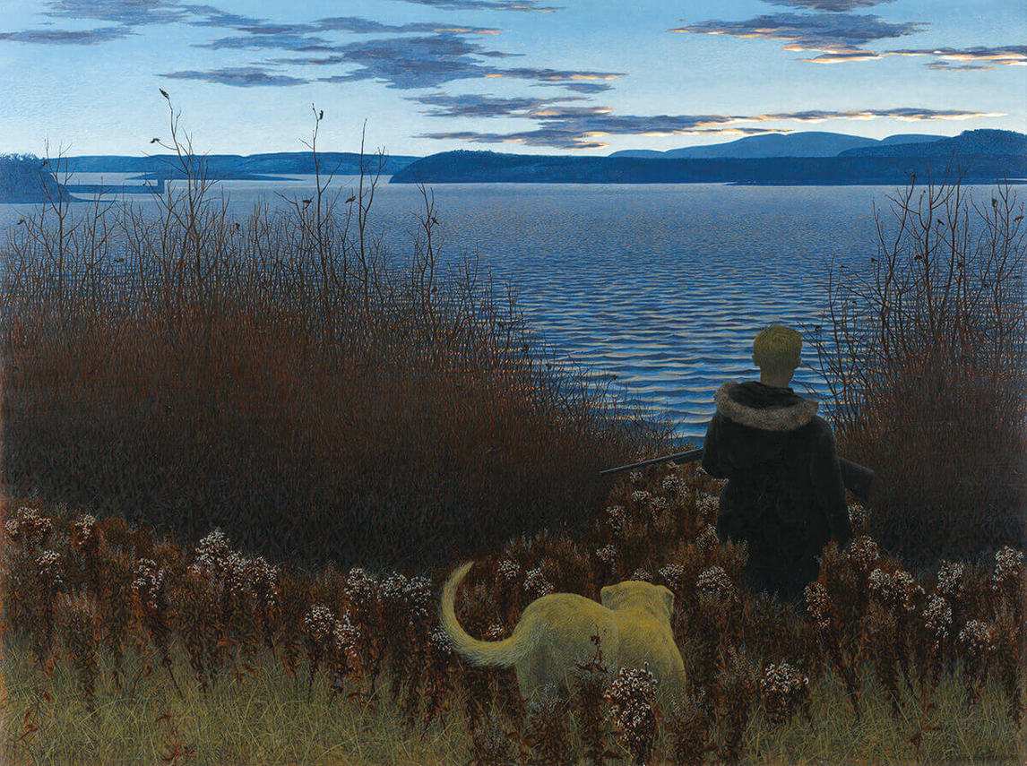 Art Canada Institute, Alex Colville, Dog, Boy, and St. John River (Chien, garçon et rivière Saint-Jean), 1958