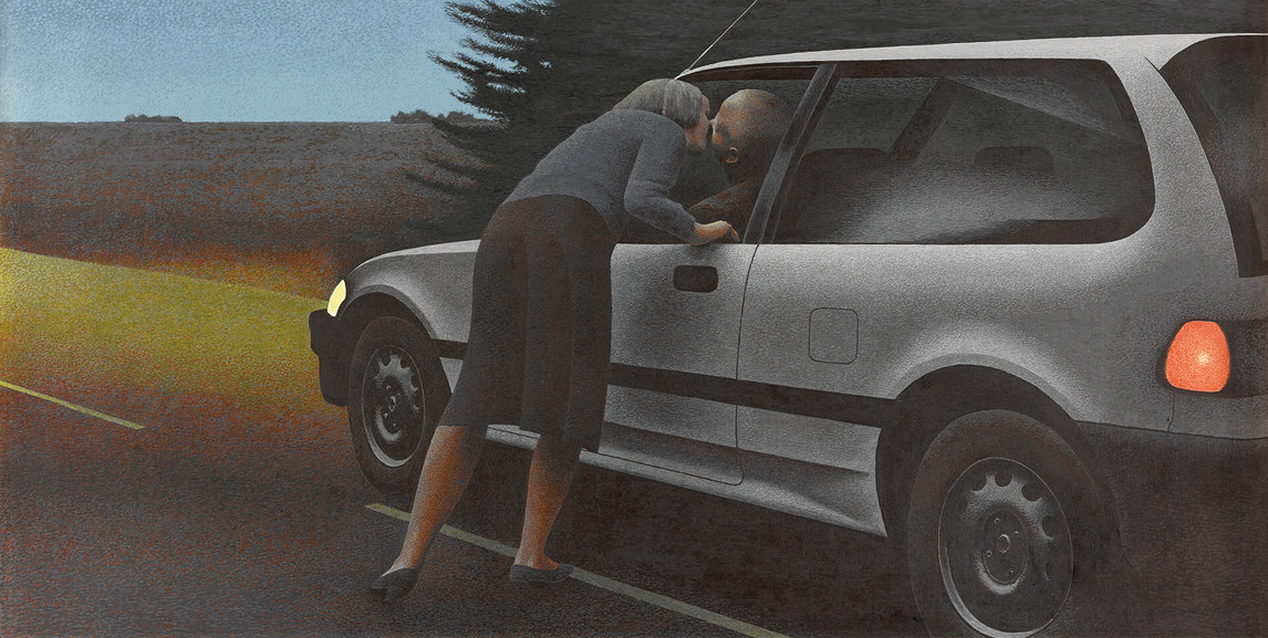 Art Canada Institute, Alex Colville, Kiss With Honda (Baiser et Honda), 1989