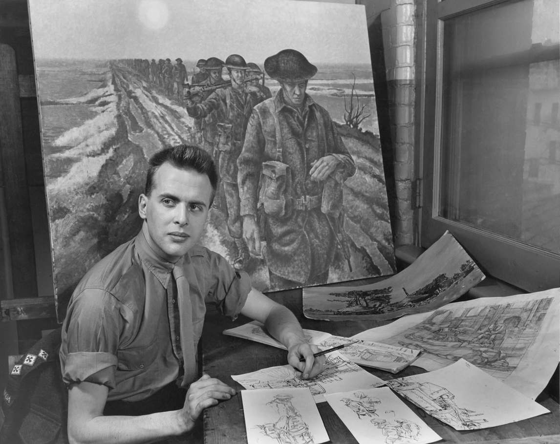 Art Canada Institute, Alex Colville, Captain D.A. Colville at work in Ottawa, in front of his completed Infantry Near Nijmegen, Holland, 1946
