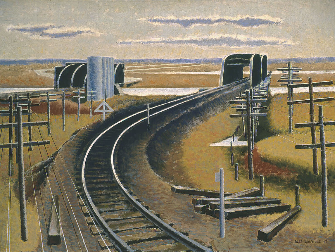 Art Canada Institute, Alex Colville, Railroad Over Marsh (Chemin de fer au-dessus d’un marais), 1947