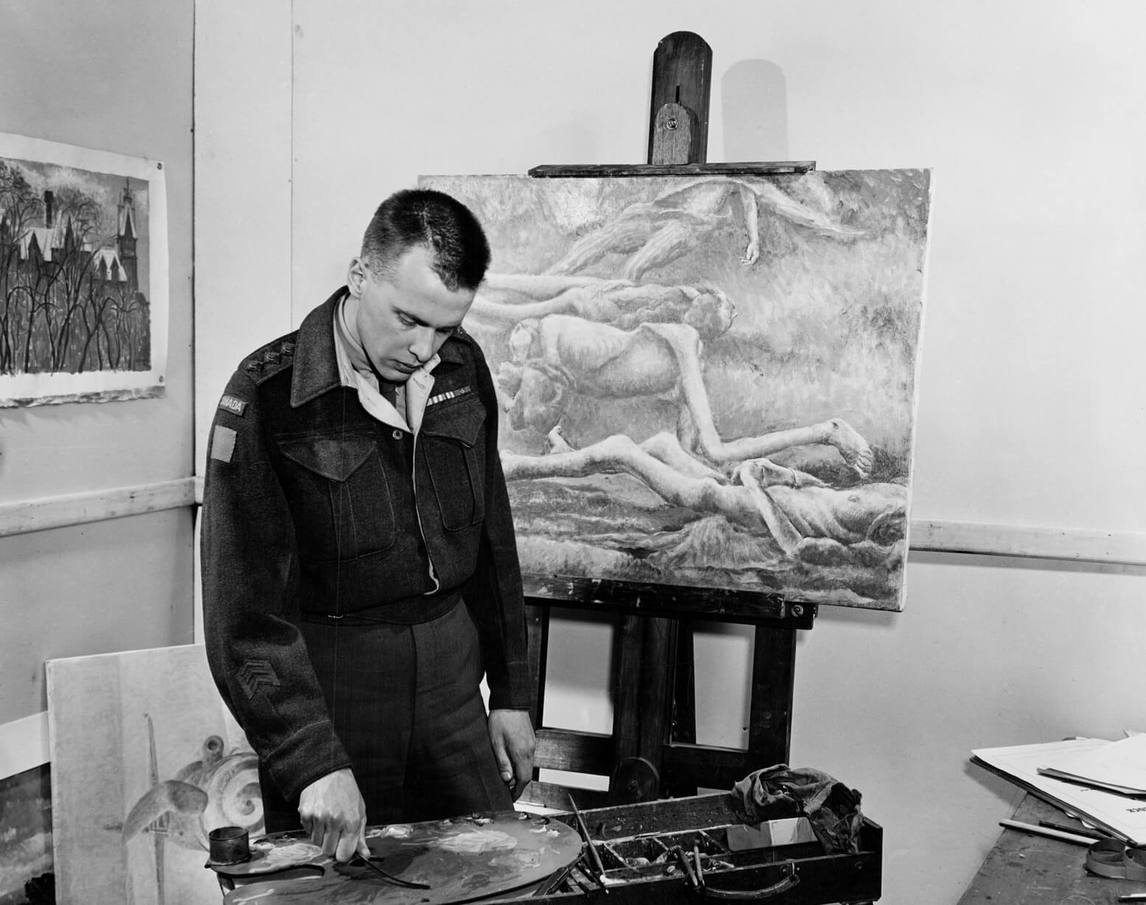 Art Canada Institute, Alex Colville, Colville working on his painting Bodies in a Grave, 1946