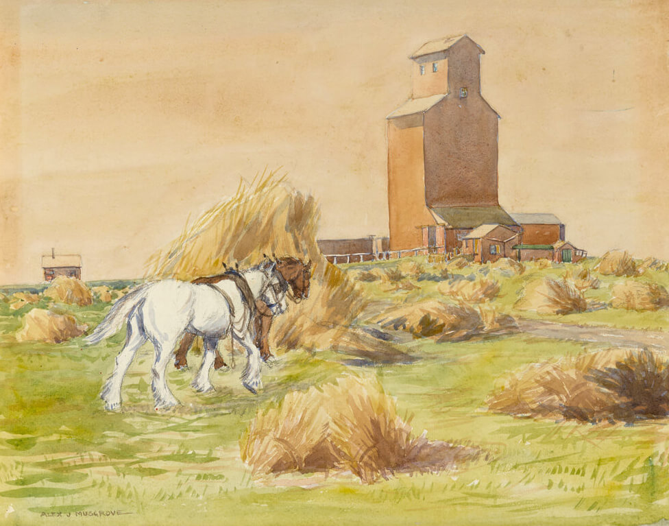 Art Canada Institute, Alexander J. Musgrove, Country Elevator with Horses and Field of Hay, c. 1920–29