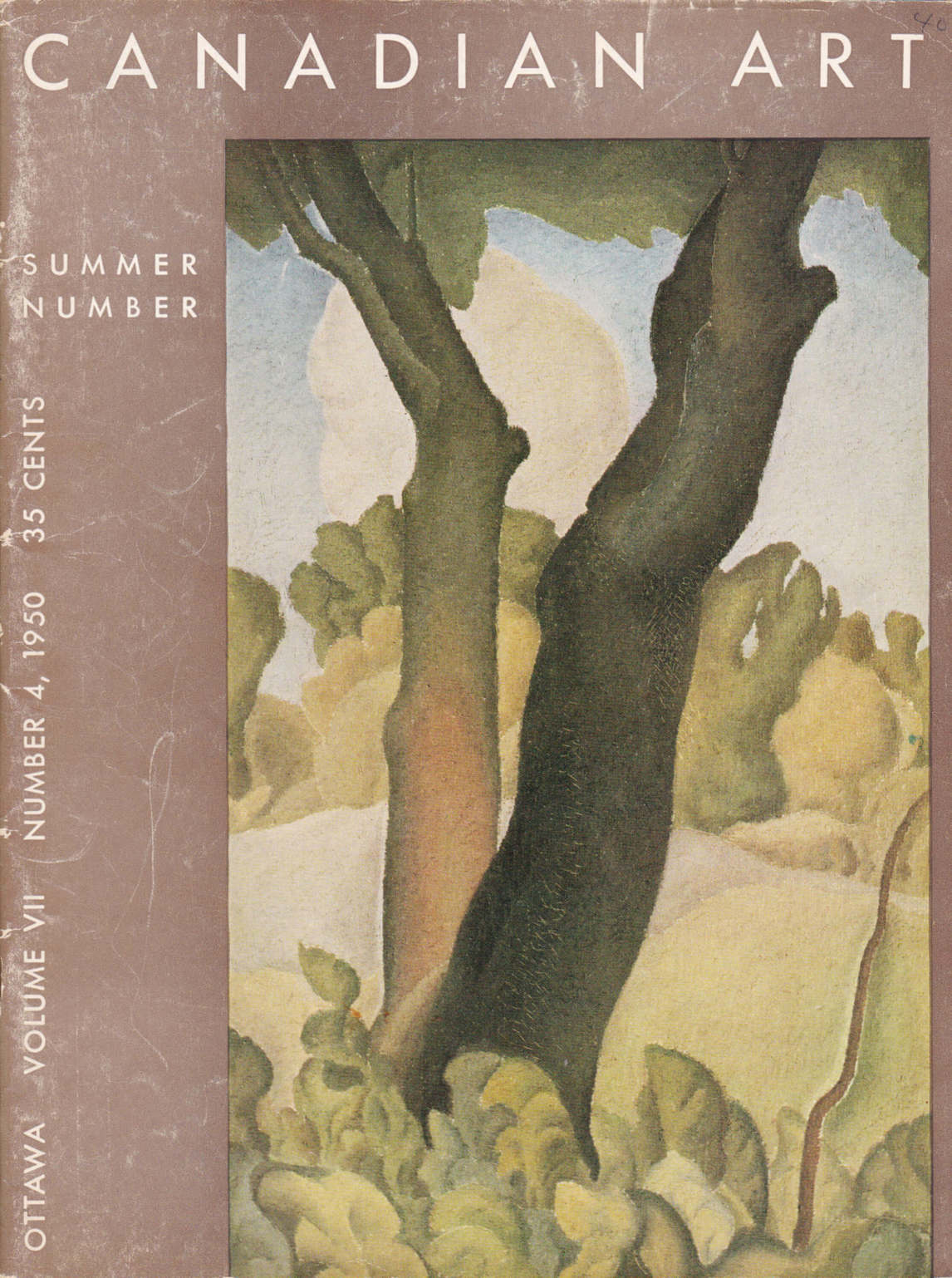 Art Canada Institute, cover of Canadian Art 7, no. 4 (Summer 1950), featuring Lionel LeMoine FitzGerald, Tree Study I, 1949