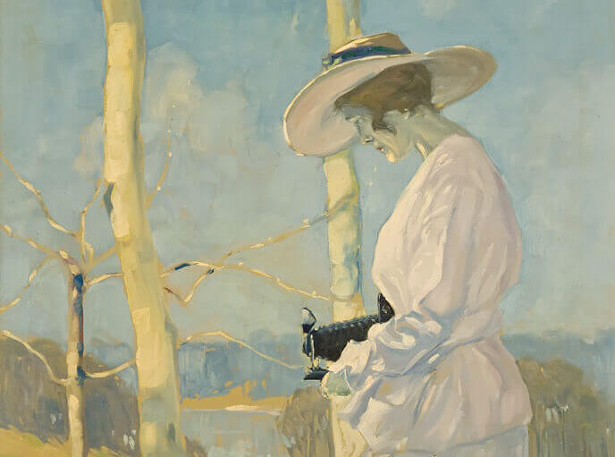 Lionel LeMoine FitzGerald, Woman with Camera Outdoors, c. 1917