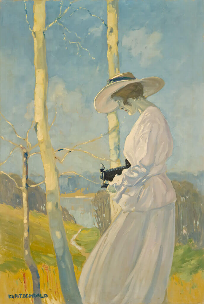 Lionel LeMoine FitzGerald, Woman with Camera Outdoors, c. 1917