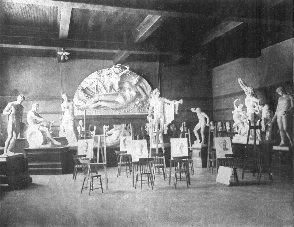 Photograph of the Art Association of Montreal sculpture room showing plaster copies of antique statues such as the Venus de Milo, the Apollo Belvedere, and the Laocoön group, which students were asked to draw.
