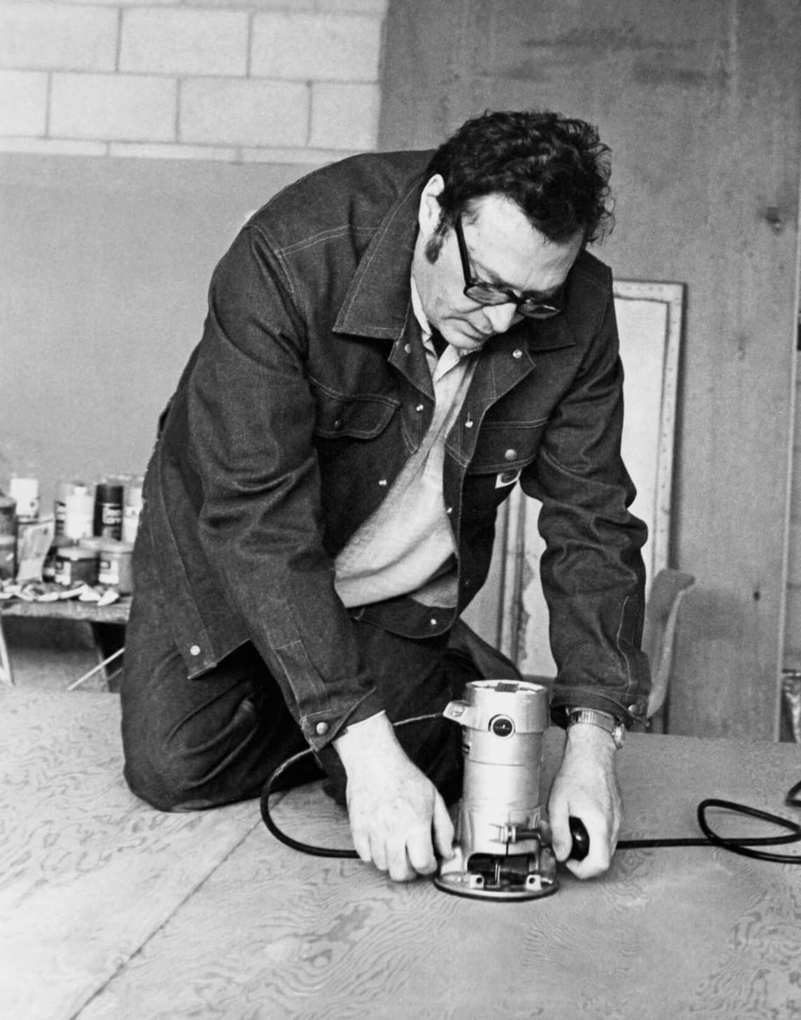 Paterson Ewen routing in his studio at the University of Western Ontario, 1979