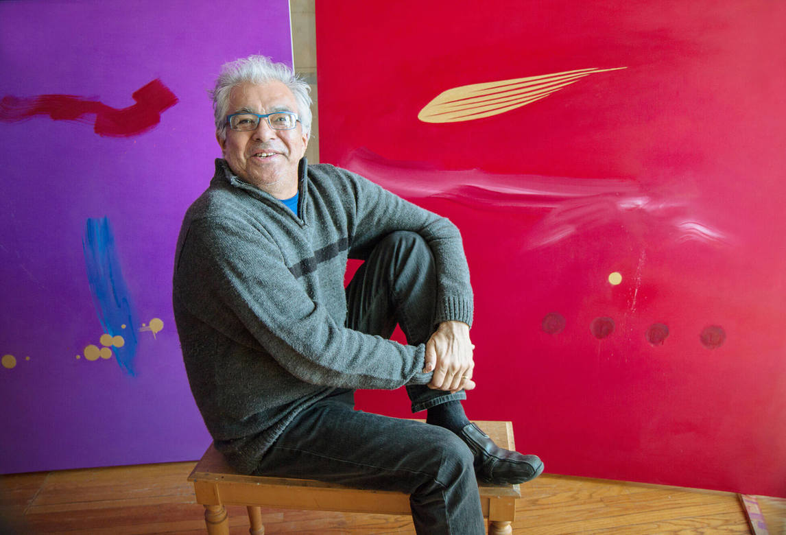 Robert Houle in 2015 with his triptych Colours of Love, 2015