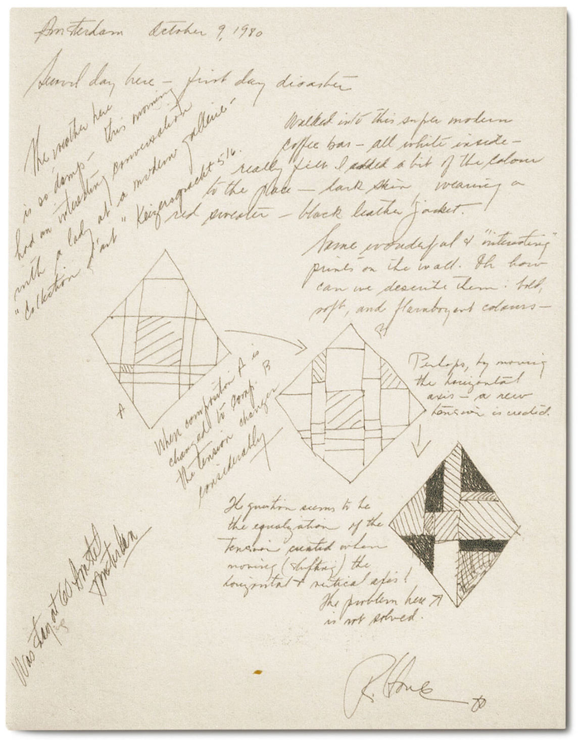 Une page du carnet de notes de Robert Houle à Amsterdam, 1980