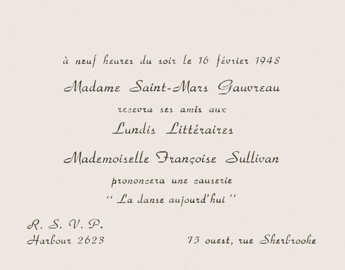 Invitation to Françoise Sullivan’s reading of her essay “La danse aujourd’hui,” February 16, 1948. 