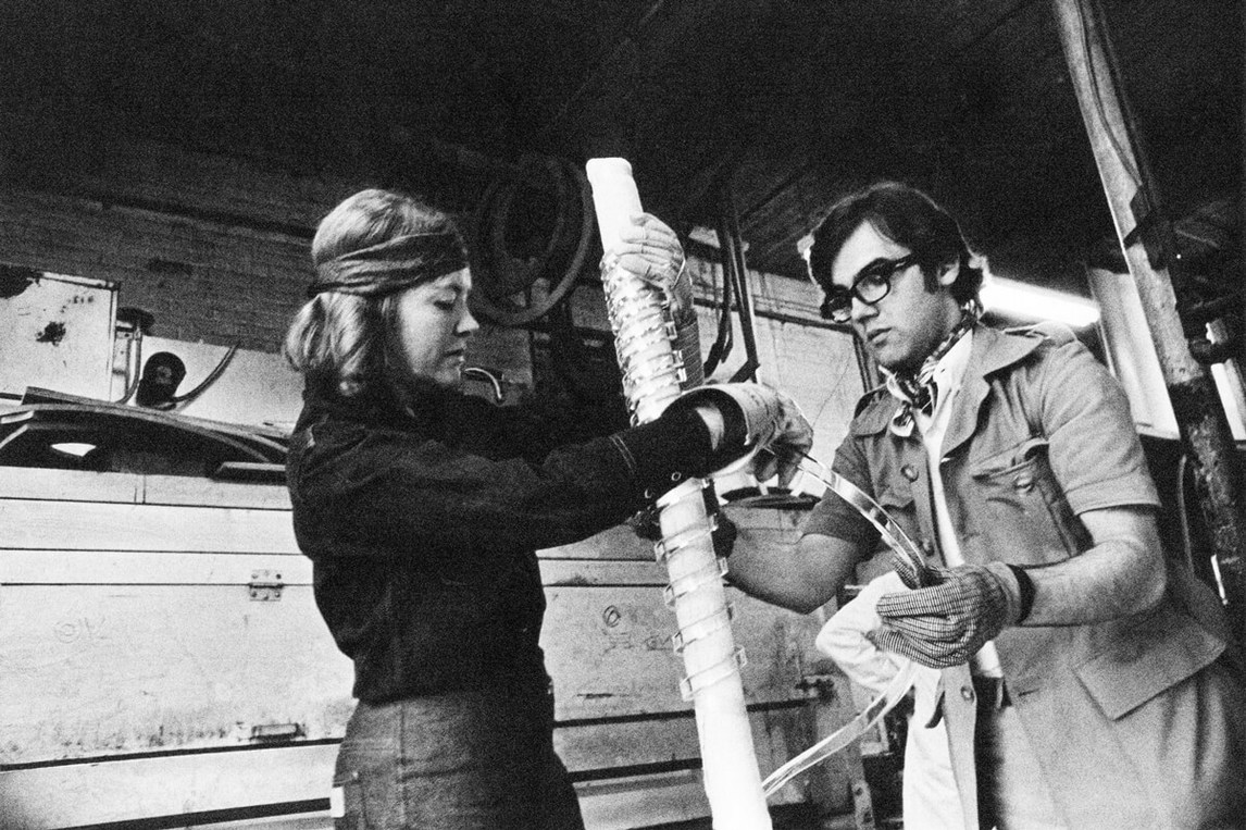 Françoise Sullivan at Hickey Plastics, working on a Plexiglas sculpture, 1968.